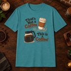 That’s Not a Coffee T-Shirt in Heather Galapagos Blue, overhead coffee-bar flat-lay mockup