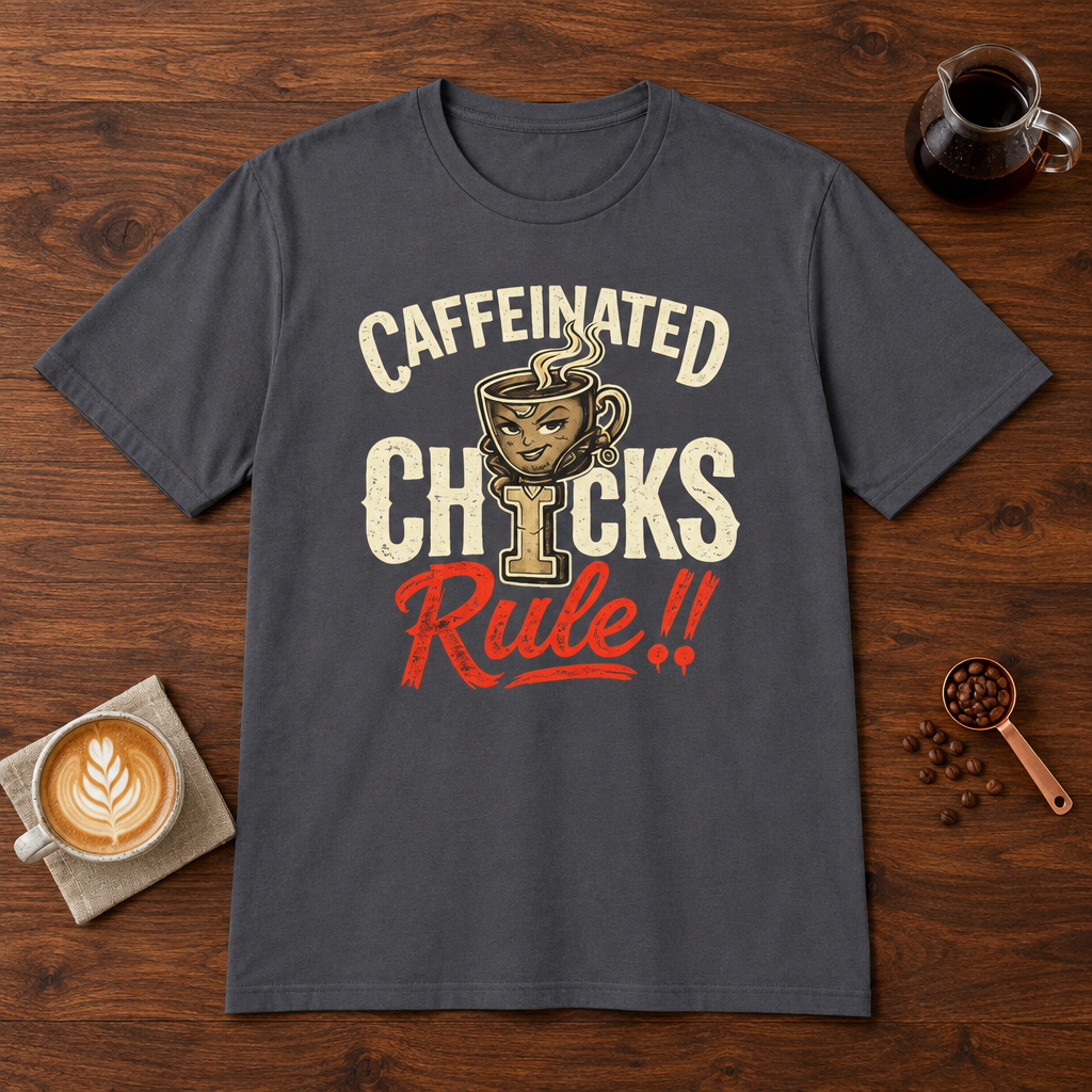 Caffeinated Chicks T-Shirt Charcoal coffee bar mockup