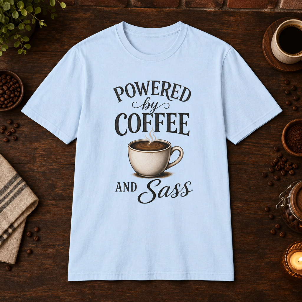 Powered by Coffee T-Shirt in Light Blue, coffee bar flat lay mockup