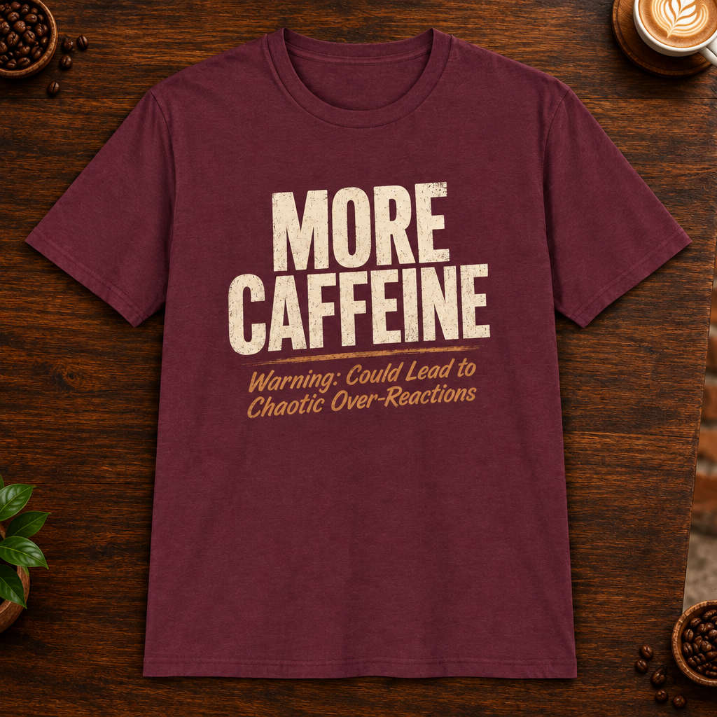 More Caffeine T-Shirt in Maroon on a dark wood coffee bar