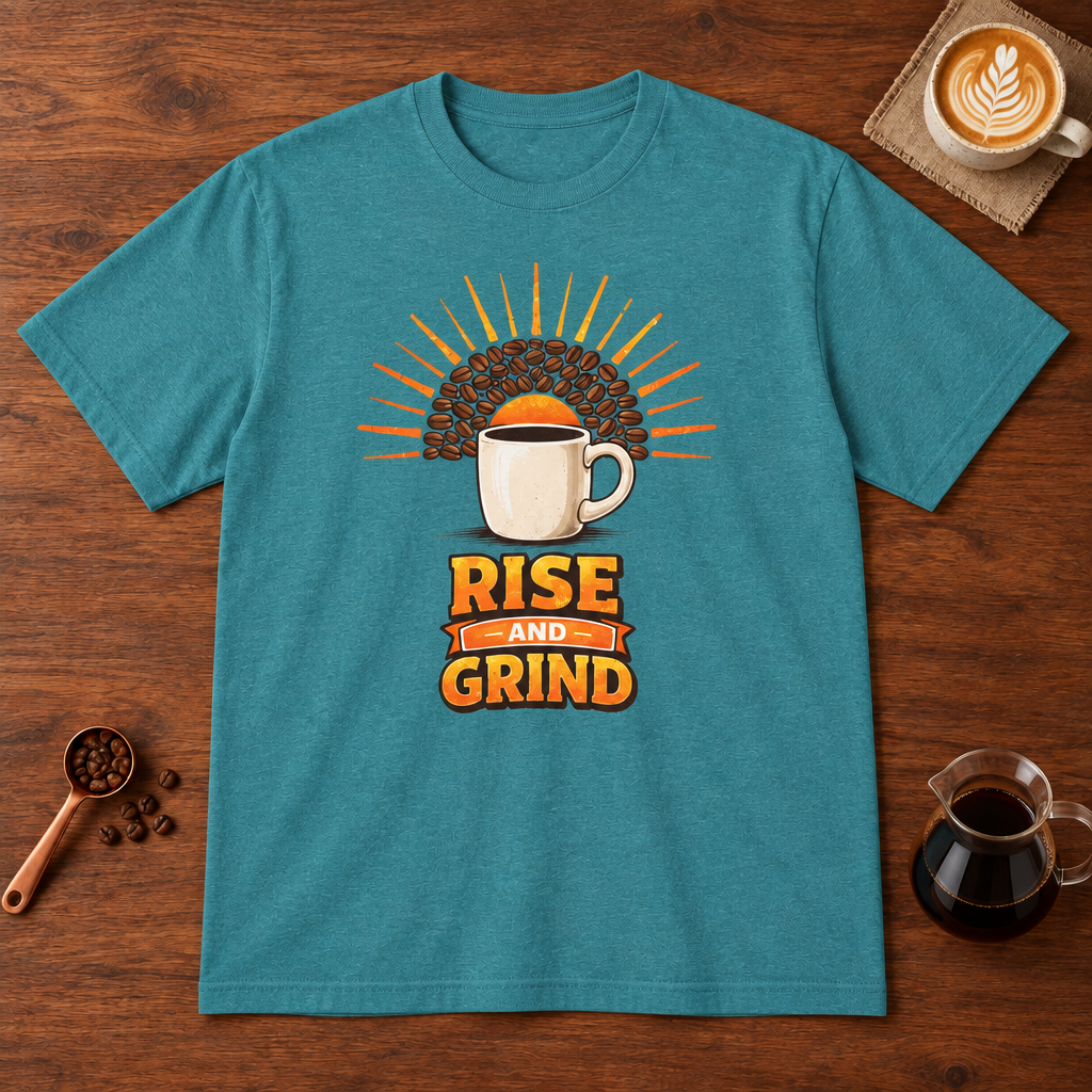 Rise and Grind T-Shirt Heather Galapagos Blue flat lay on walnut coffee bar