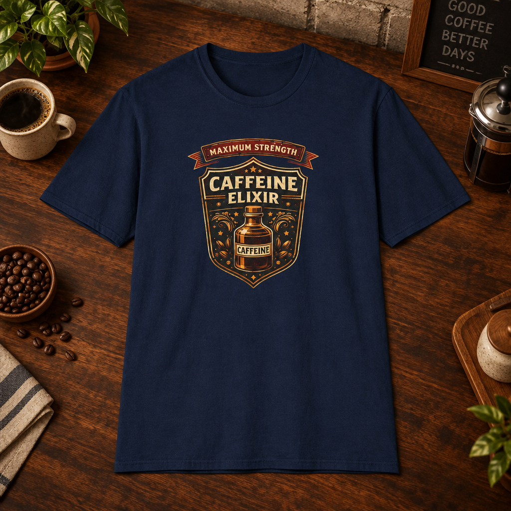Caffeine Elixir T-Shirt Navy close-fill short-sleeve coffee-bar flat lay