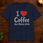 I Love Coffee T-Shirt in Navy on a dark wood coffee bar