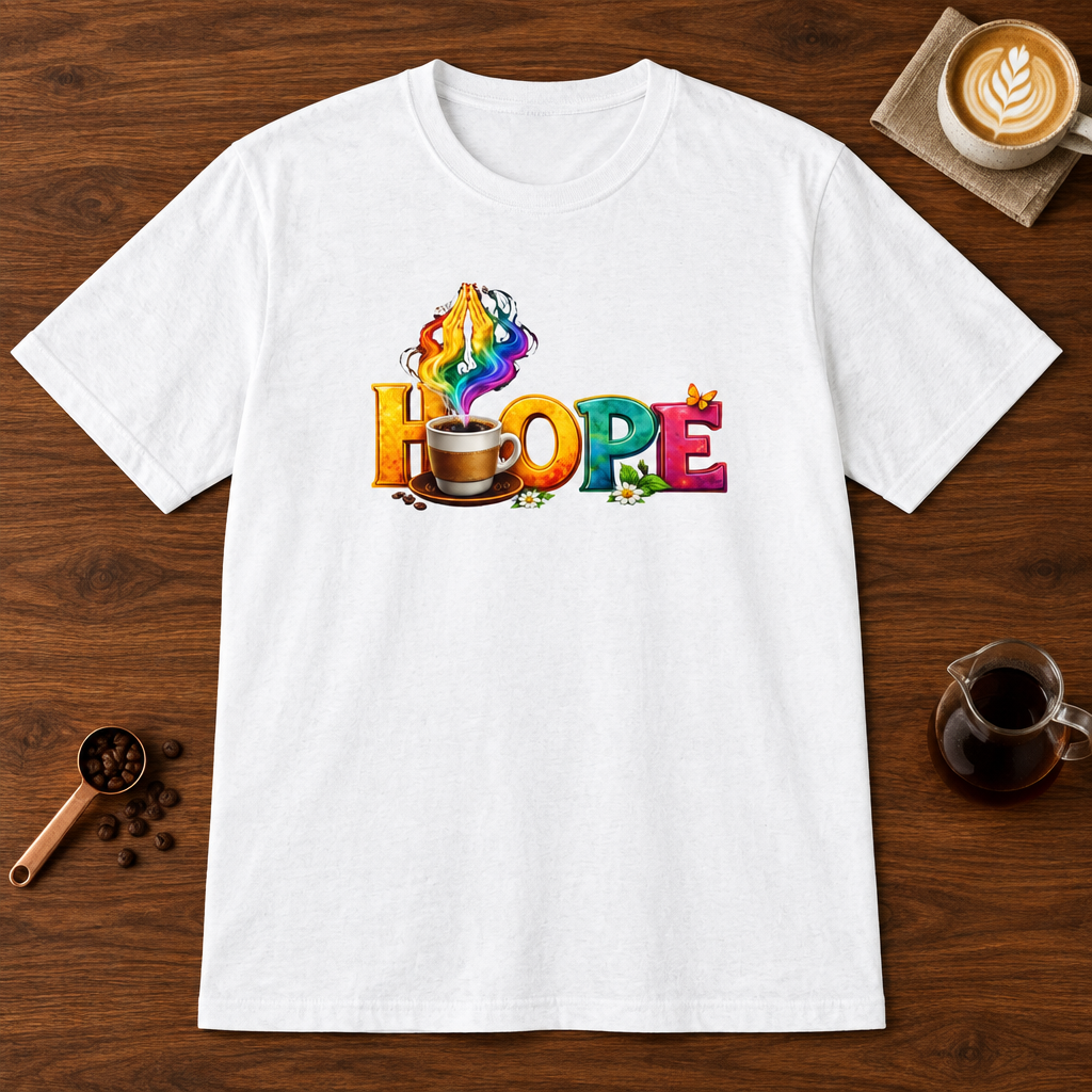 Hope T-Shirt White coffee bar mockup