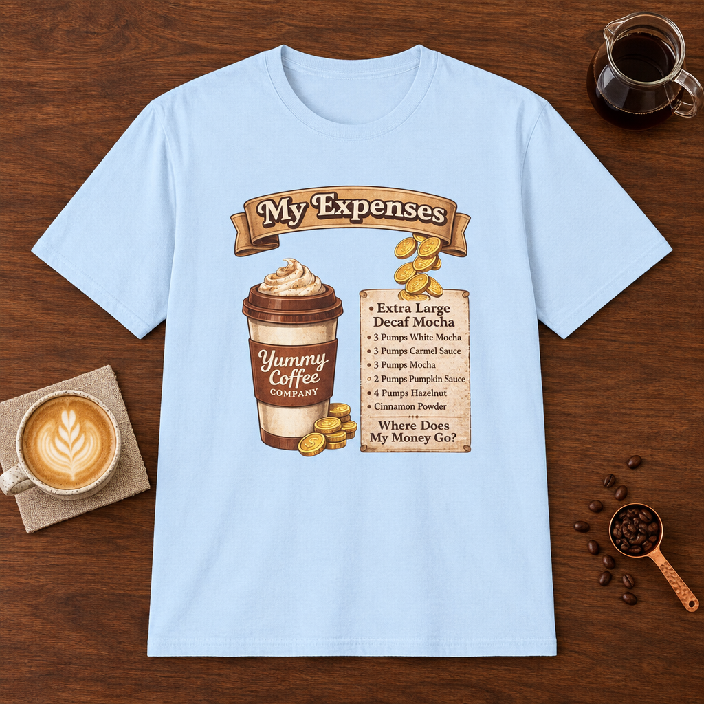 Yummy Coffee T-Shirt Light Blue coffee bar mockup
