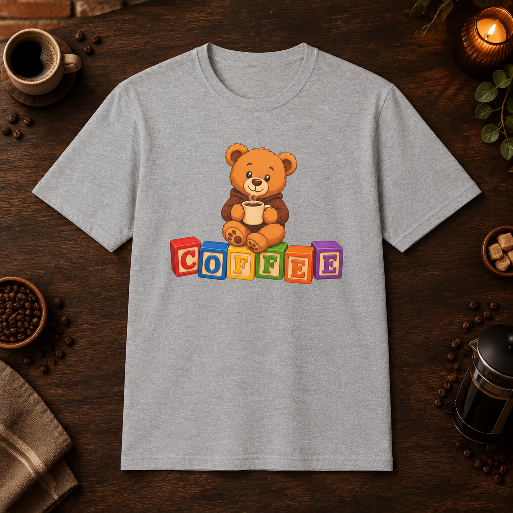 Teddy Bear T-Shirt in Sport Grey, coffee bar flat lay mockup