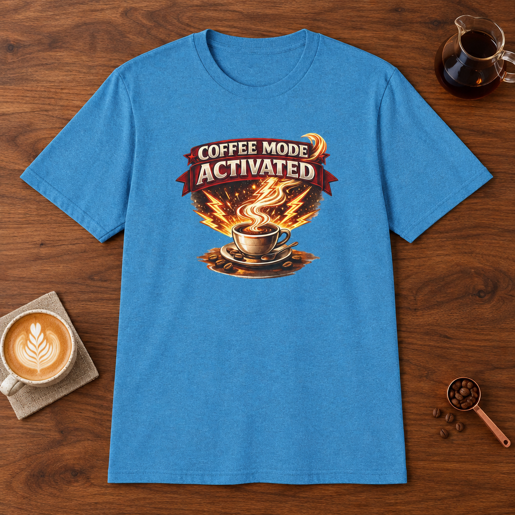 Coffee Mode Activated T-Shirt Heather Sapphire coffee bar mockup