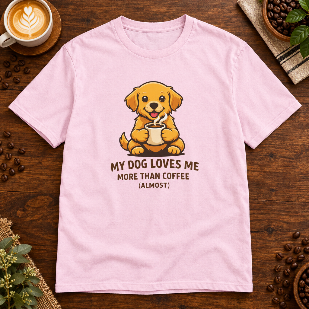 My Dog Loves Me T-Shirt Light Pink on coffee bar