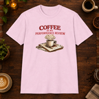 Coffee is My Performance Review T-Shirt in Light Pink, zoomed lifestyle mockup