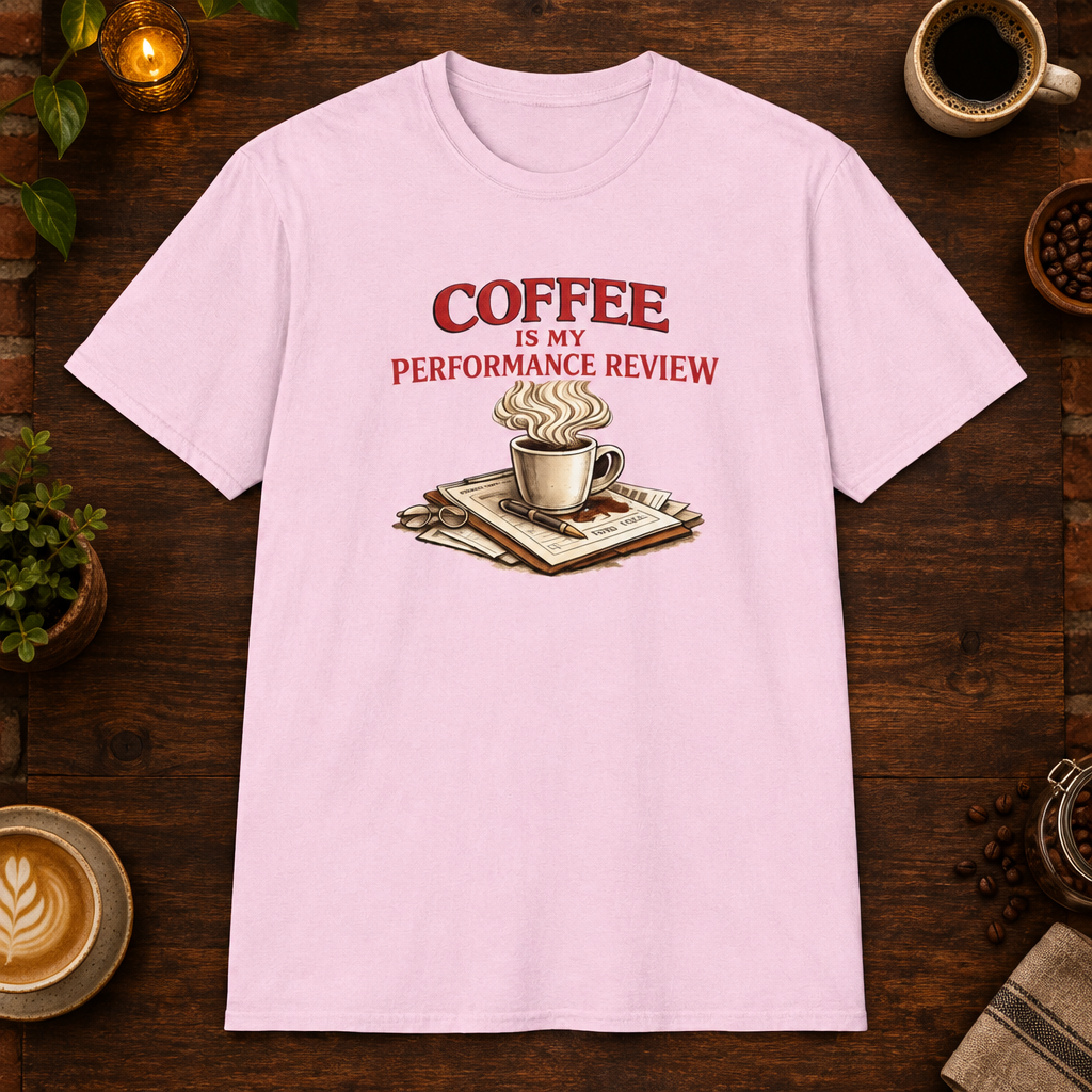 Coffee is My Performance Review T-Shirt in Light Pink, zoomed lifestyle mockup