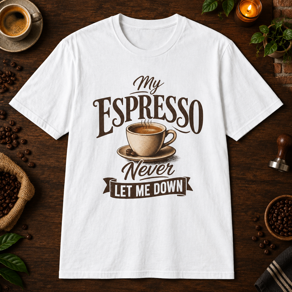 My Espresso Never Let Me Down T-Shirt in White, overhead coffee-bar flat-lay mockup