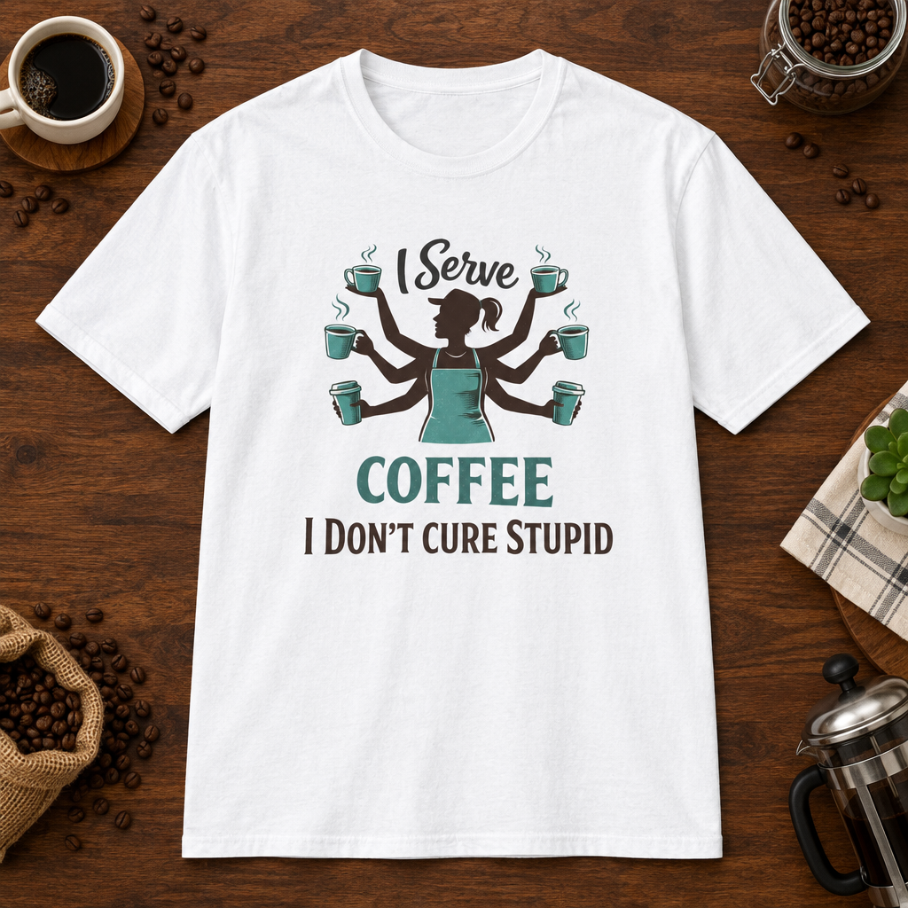 I Serve Coffee T-Shirt White short-sleeve coffee-bar flat lay