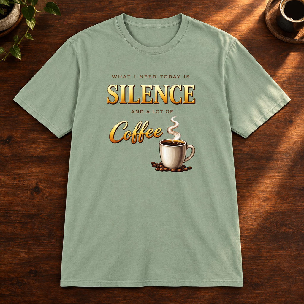 What I Need is Silence T-Shirt Sage close-fill short-sleeve coffee-bar flat lay