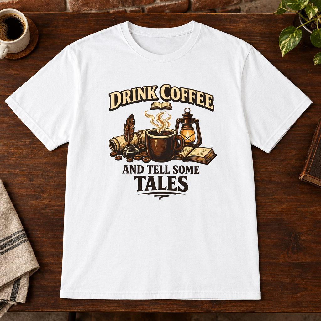 Tell Tales T-Shirt White close-fill short-sleeve coffee-bar flat lay