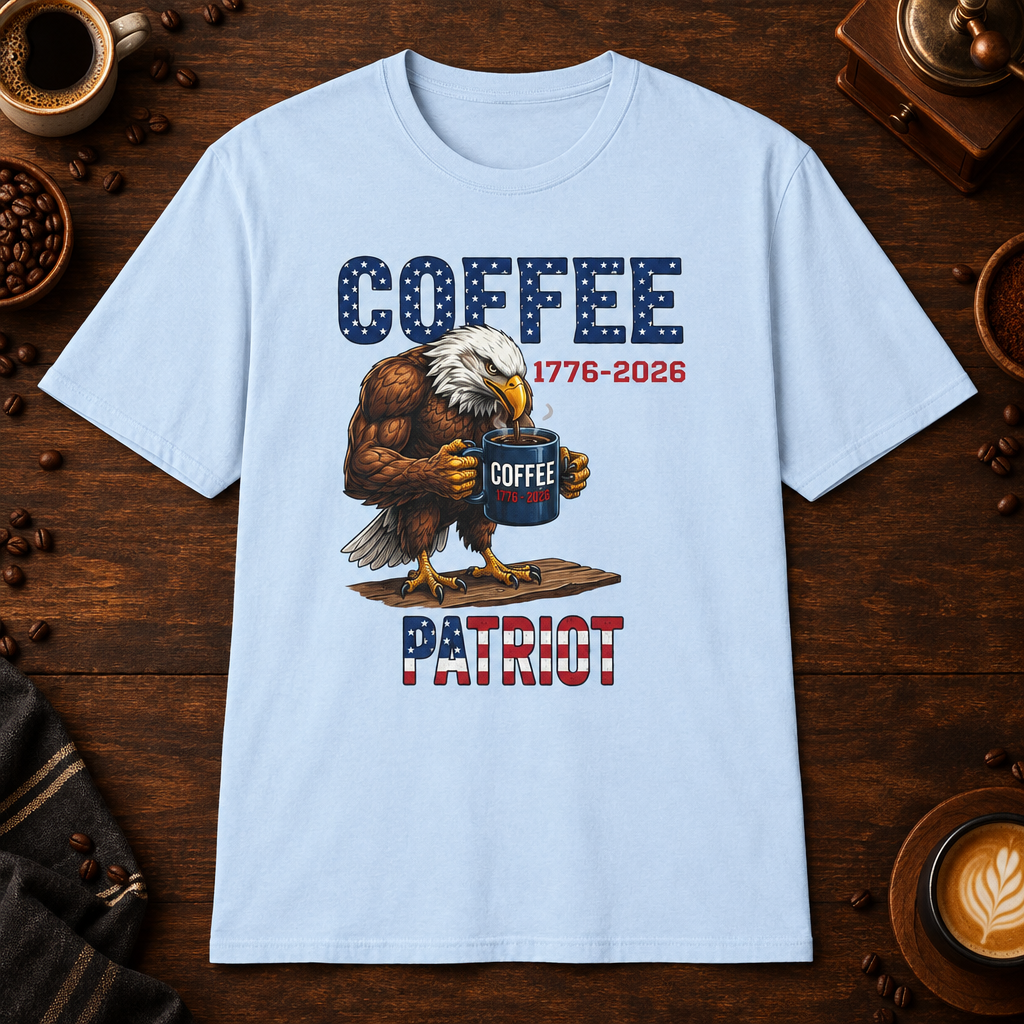 Coffee Patriot T-Shirt in Light Blue, overhead coffee-bar flat-lay mockup
