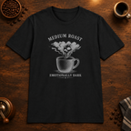 Medium Roast T-Shirt overhead coffee-bar flat-lay mockup