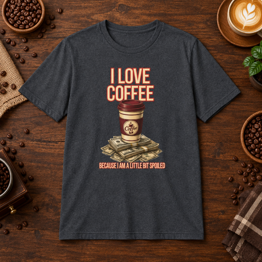 I Love Coffee T-Shirt Dark Heather Grey on warm coffee bar