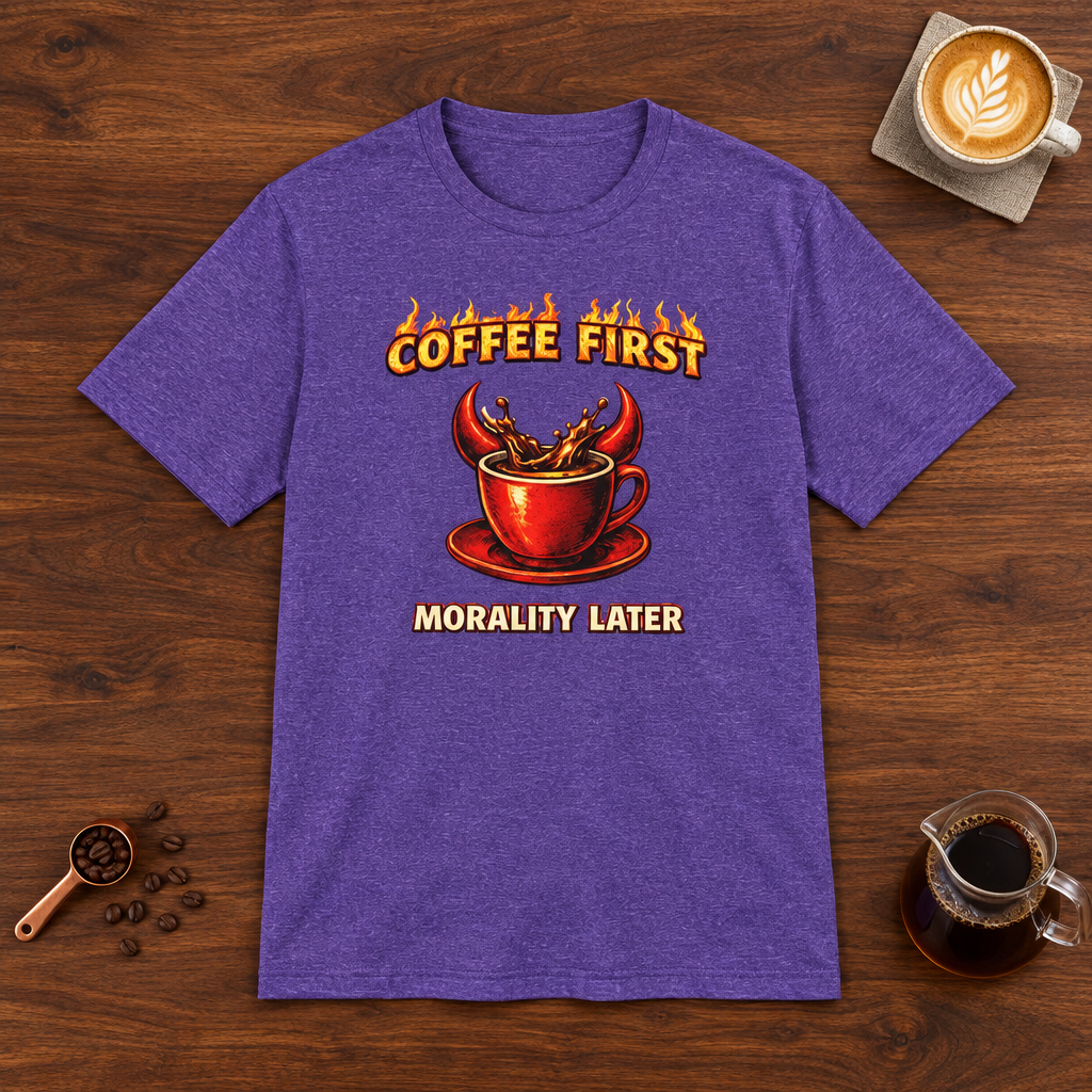 Coffee First Morality Later red cup T-Shirt Heather Purple flat lay on walnut coffee bar