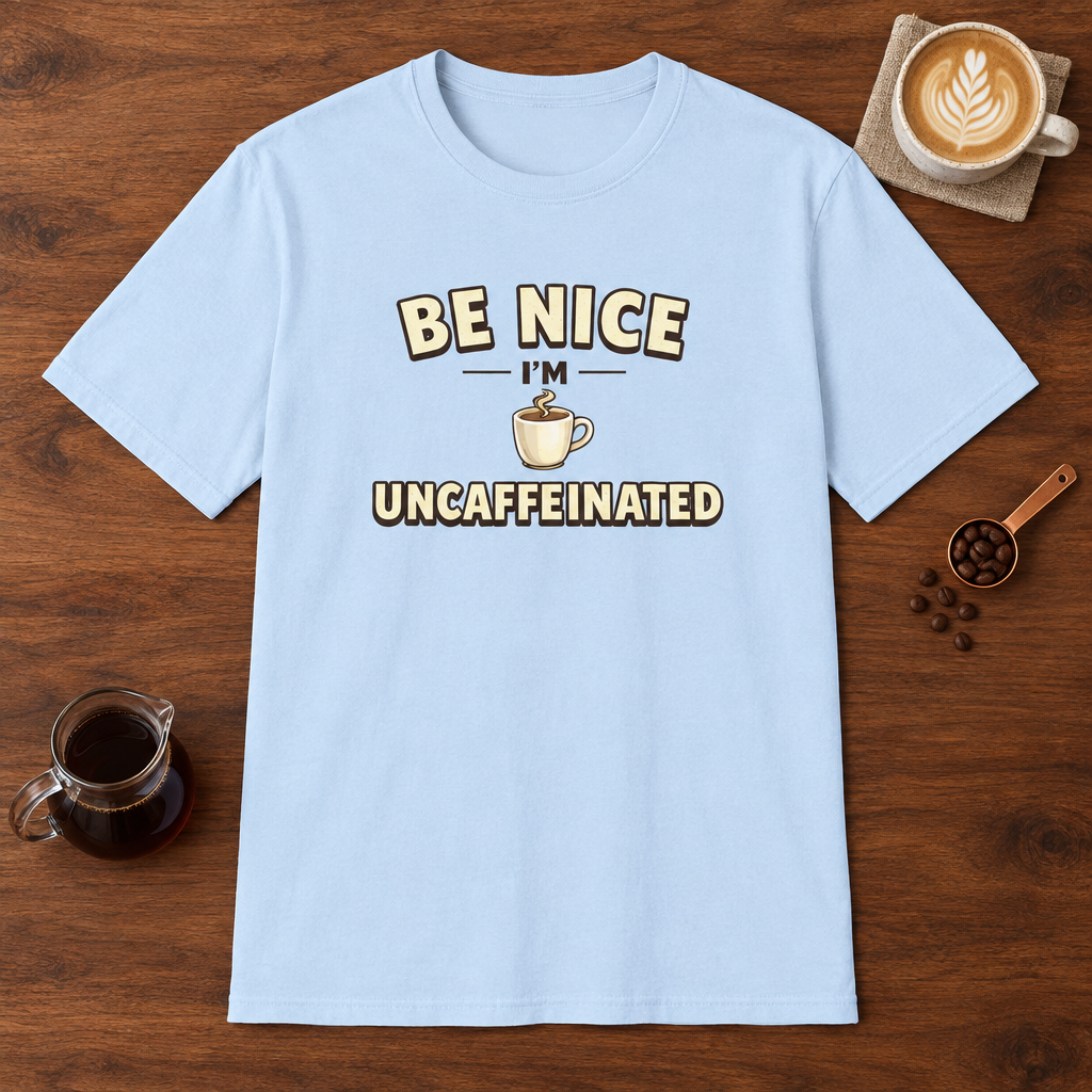 Be Nice I'm Uncaffeinated T-Shirt Light Blue coffee bar mockup