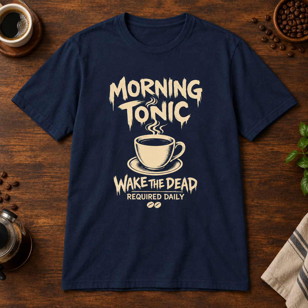 Morning Tonic T-Shirt Navy coffee-bar flat lay