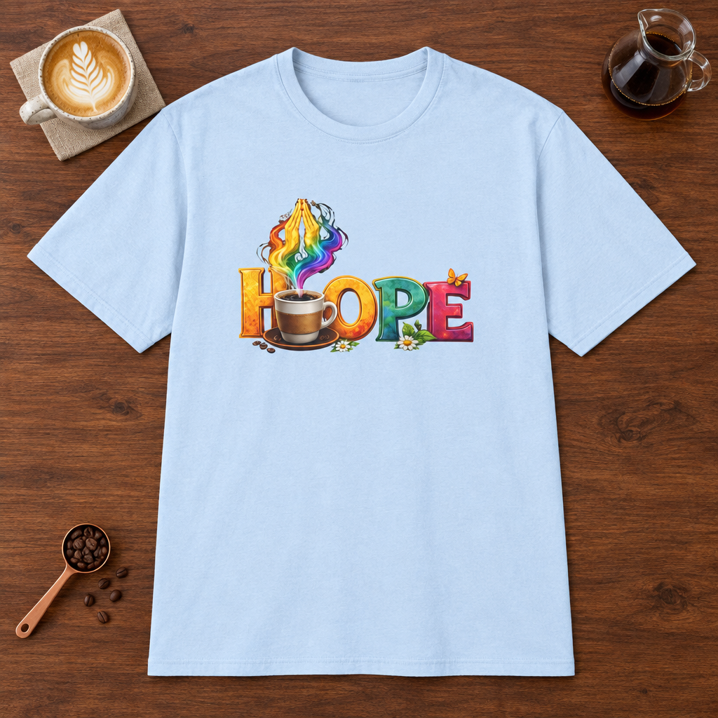 Hope T-Shirt Light Blue coffee bar mockup