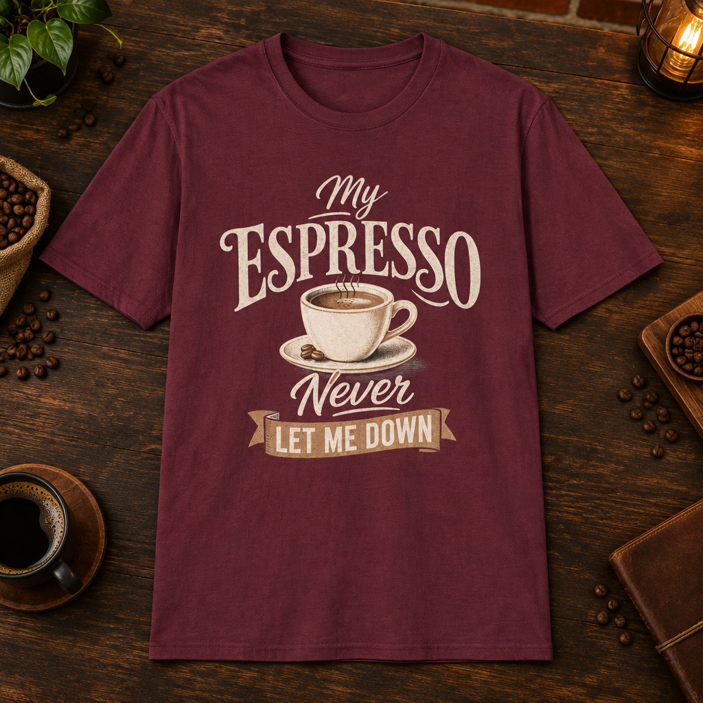 My Espresso Never Let Me Down T-Shirt in Maroon, overhead coffee-bar flat-lay mockup