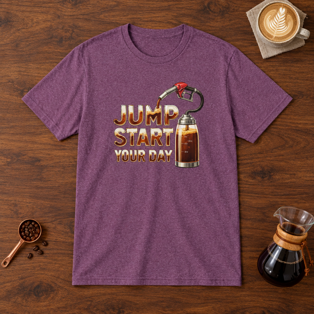 Jump Start Your Day T-Shirt Heather Maroon flat lay on walnut coffee bar