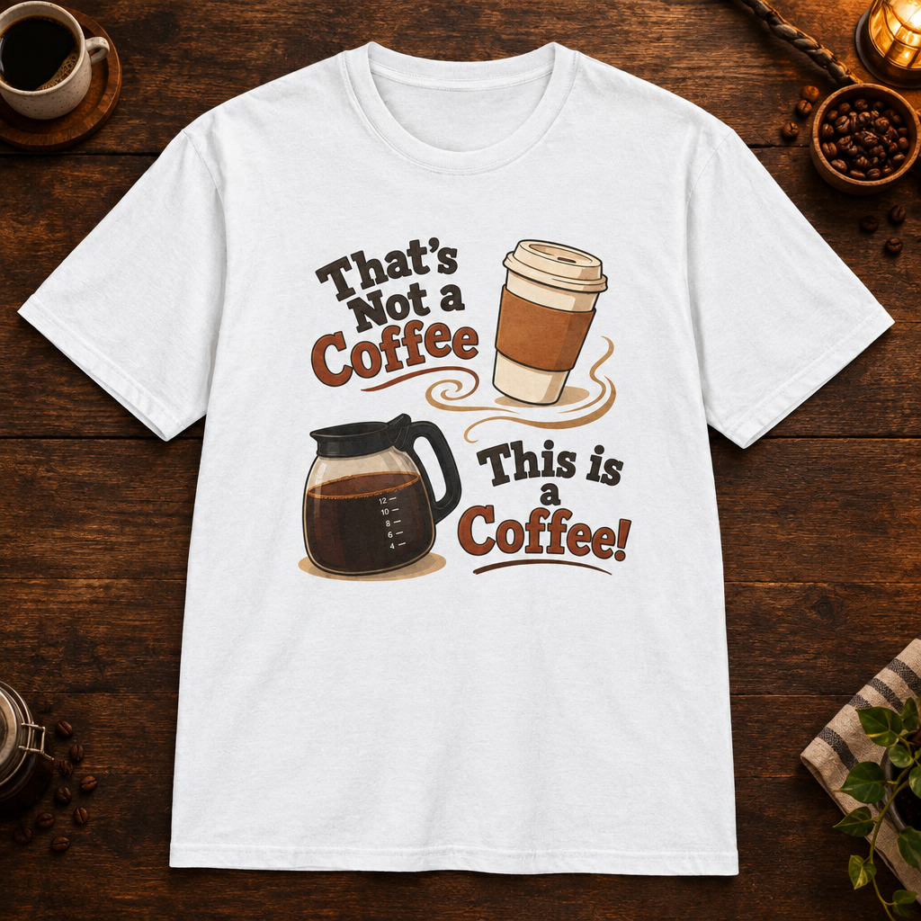 That’s Not a Coffee T-Shirt in White, overhead coffee-bar flat-lay mockup