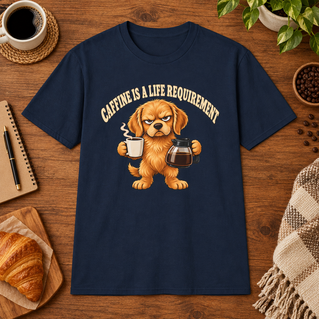 Caffeine is a Life Requirement T-Shirt in White, lifestyle mockup