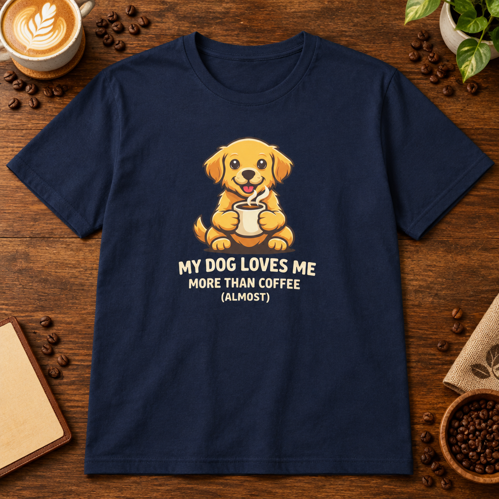 My Dog Loves Me T-Shirt Navy on coffee bar