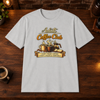 Adult Coffee Club T-Shirt in Ice Grey, overhead coffee-bar flat-lay mockup