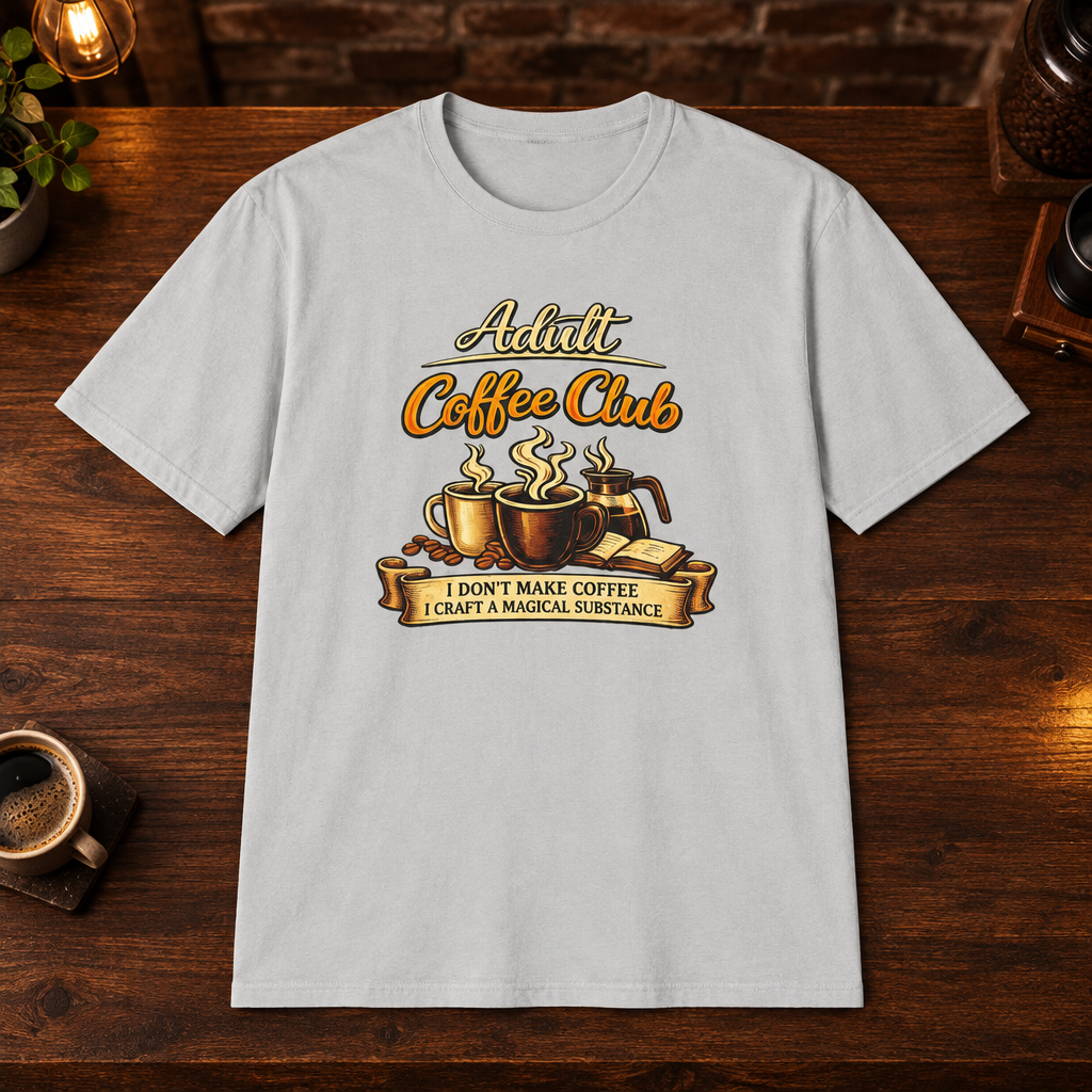Adult Coffee Club T-Shirt in Ice Grey, overhead coffee-bar flat-lay mockup