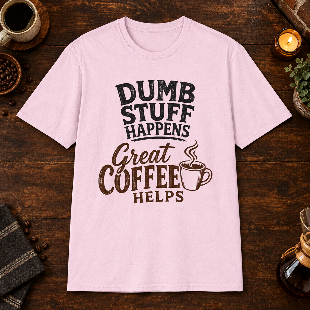 Dumb Stuff Happens T-Shirt in Light Pink, overhead coffee-bar flat-lay mockup