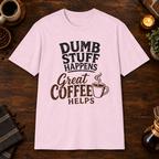 Dumb Stuff Happens T-Shirt in Light Pink, overhead coffee-bar flat-lay mockup