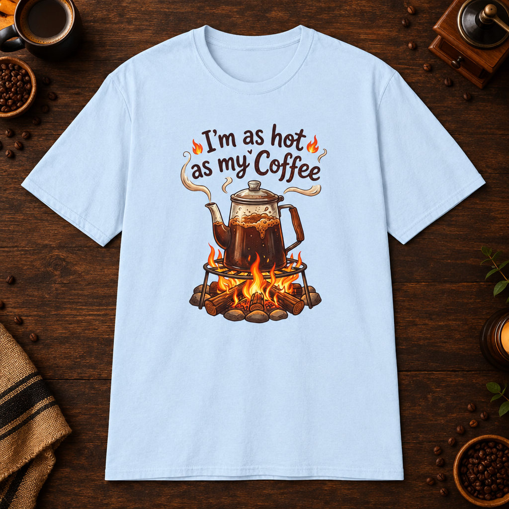 I'm as hot as my Coffee T-Shirt in Light Blue, overhead coffee-bar flat-lay mockup