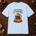 I'm as hot as my Coffee T-Shirt in Light Blue, overhead coffee-bar flat-lay mockup