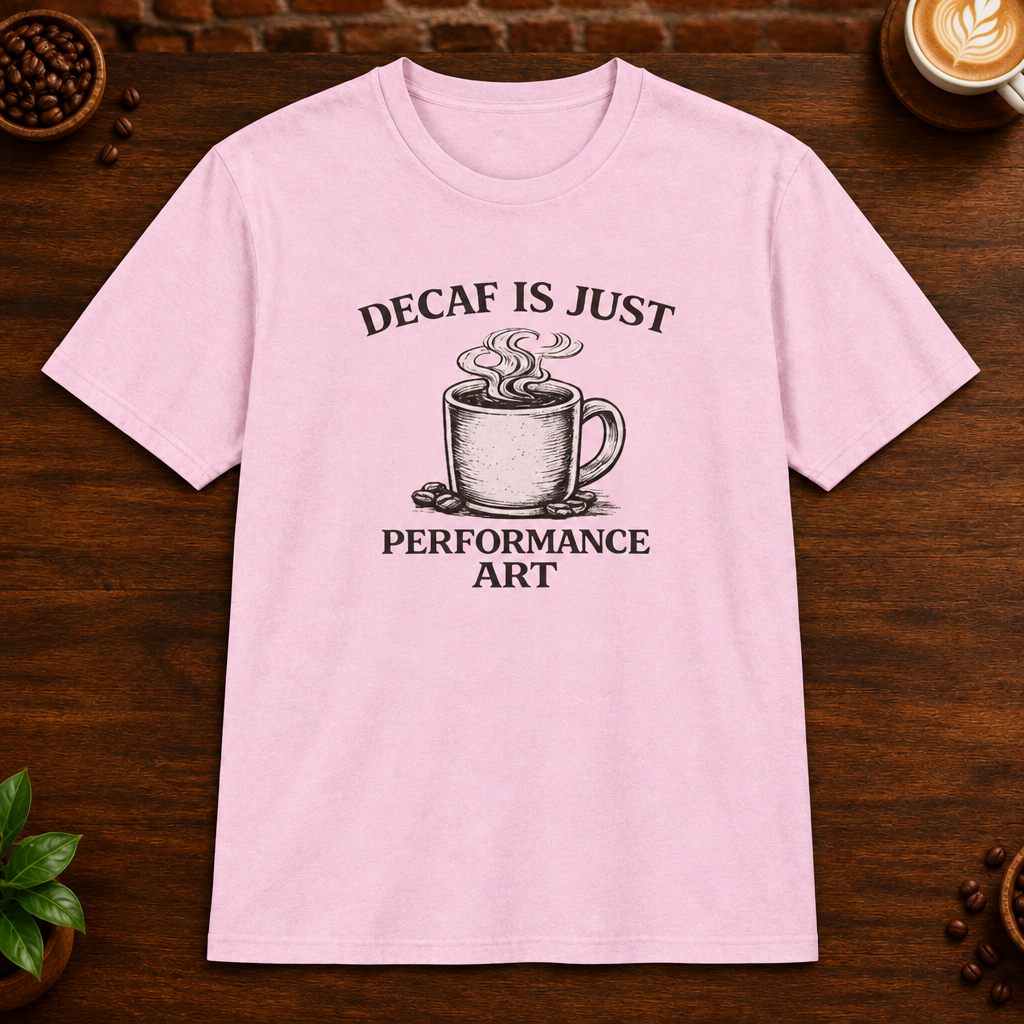 Decaf is Just Performance Art T-Shirt in Light Pink, close-up on dark wood coffee bar