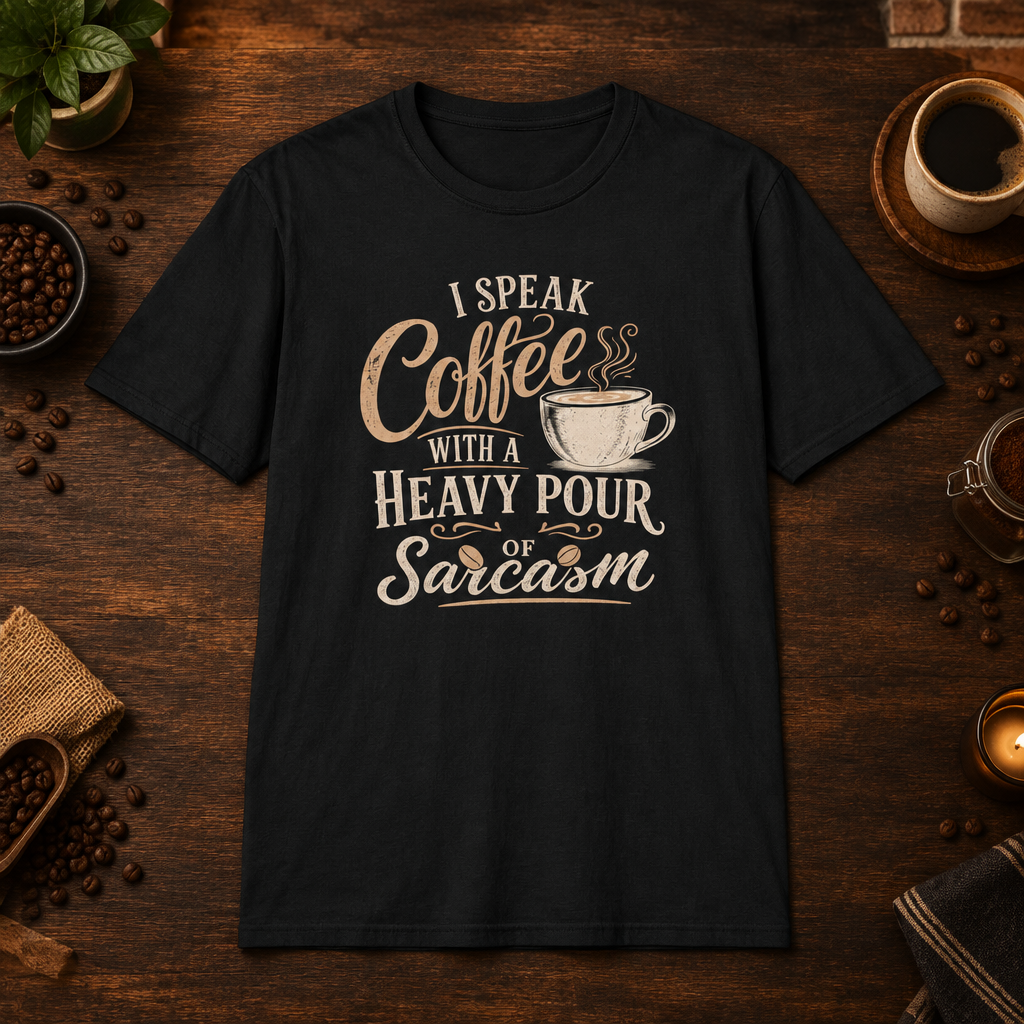 I Speak Coffee T-Shirt in Black, coffee bar flat lay mockup