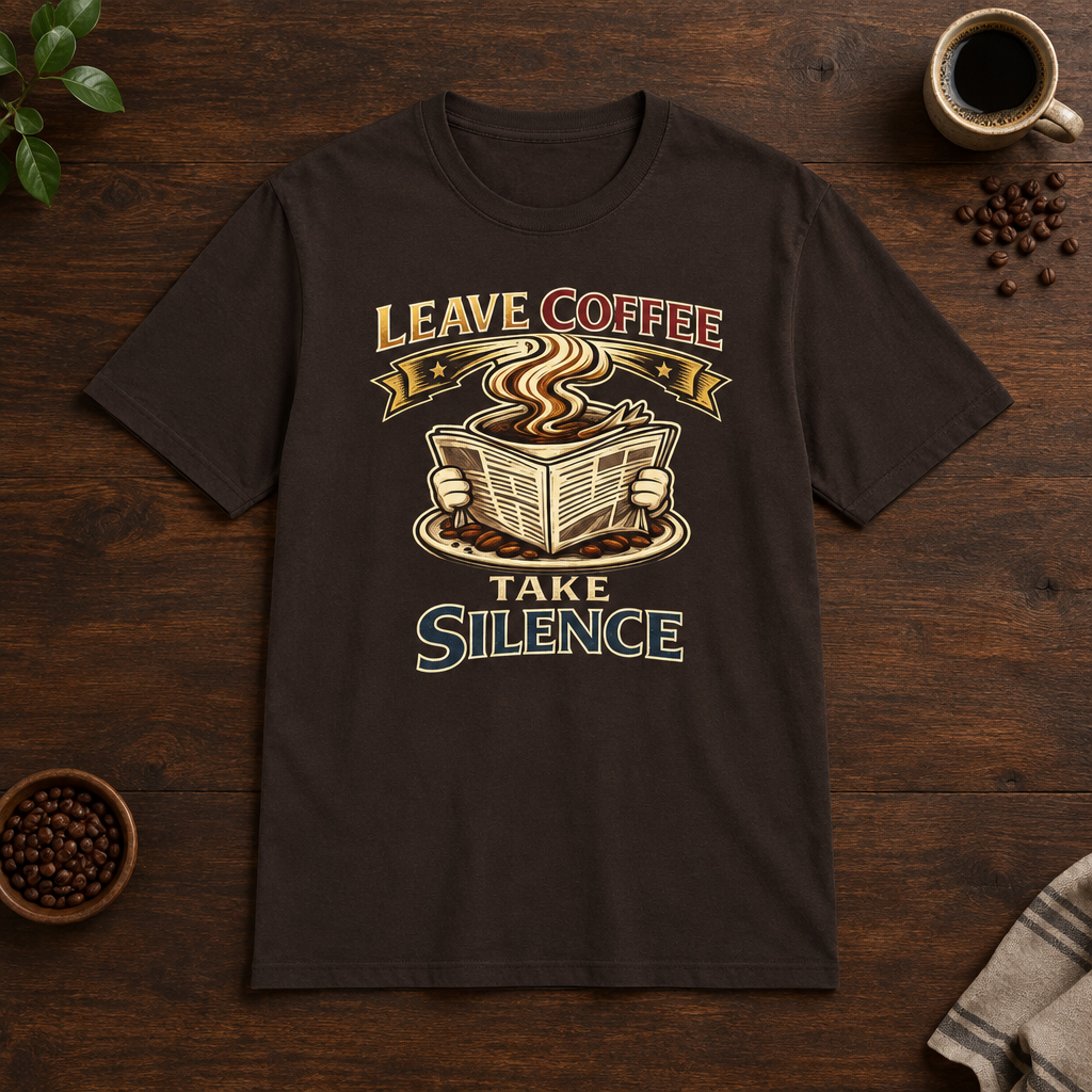 Leave Coffee Take Silence T-Shirt Dark Chocolate coffee-bar flat lay