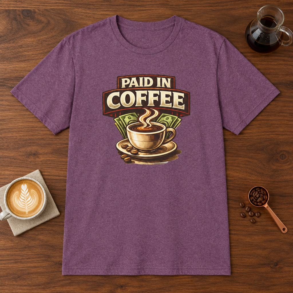 Paid in Coffee T-Shirt Heather Maroon coffee bar mockup