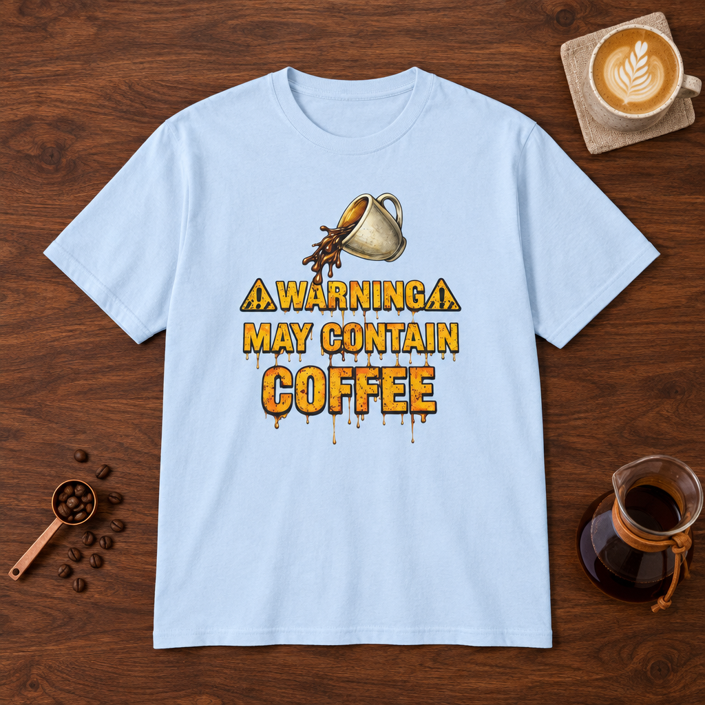 Warning May Contain Coffee T-Shirt Light Blue coffee bar mockup
