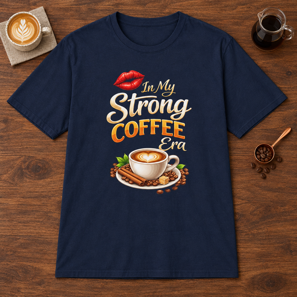 Strong Coffee Era T-Shirt Navy coffee bar mockup