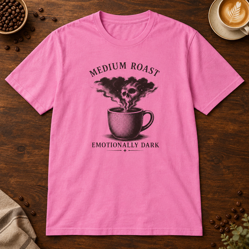 Medium Roast T-Shirt in Azalea on a dark wood coffee bar