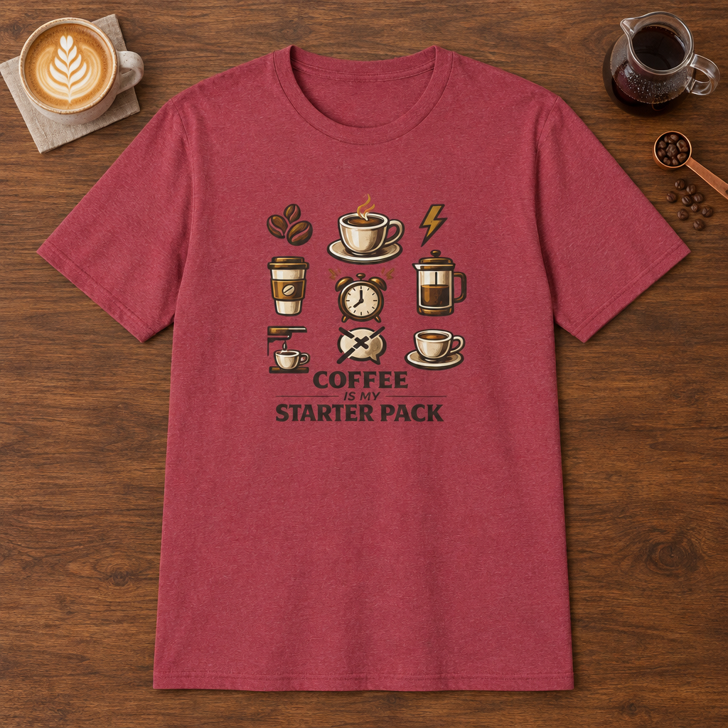 Coffee is My Starter Pack T-Shirt Heather Cardinal coffee bar mockup