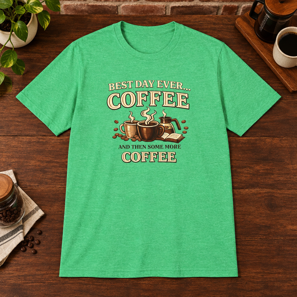 Best Day Ever T-Shirt Heather Irish Green close-fill short-sleeve coffee-bar flat lay