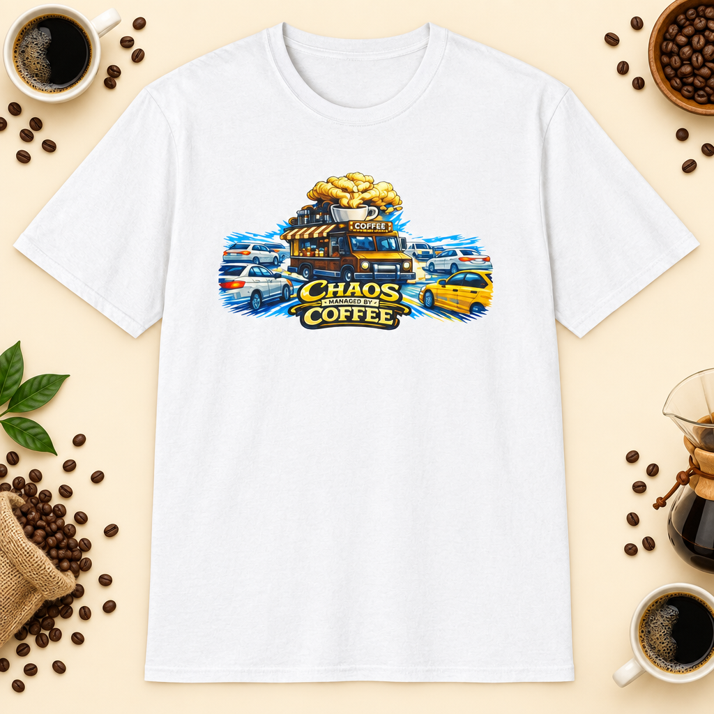 Chaos Managed by Coffee 2 T-Shirt in Indigo Blue, zoomed lifestyle mockup