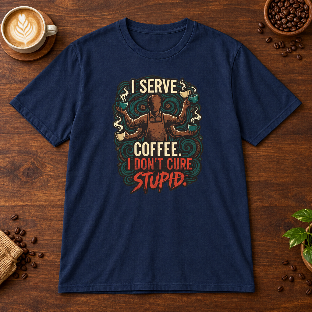 I Don't Cure Stupid T-Shirt Navy on warm coffee bar