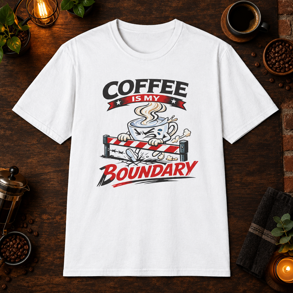 Coffee is My Boundary T-Shirt in Heather Galapagos Blue, zoomed lifestyle mockup