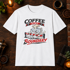 Coffee is My Boundary T-Shirt in Heather Galapagos Blue, zoomed lifestyle mockup