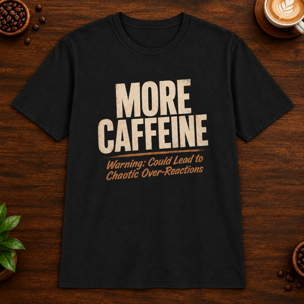 More Caffeine T-Shirt in Black on a dark wood coffee bar